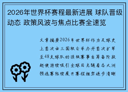 2026年世界杯赛程最新进展 球队晋级动态 政策风波与焦点比赛全速览